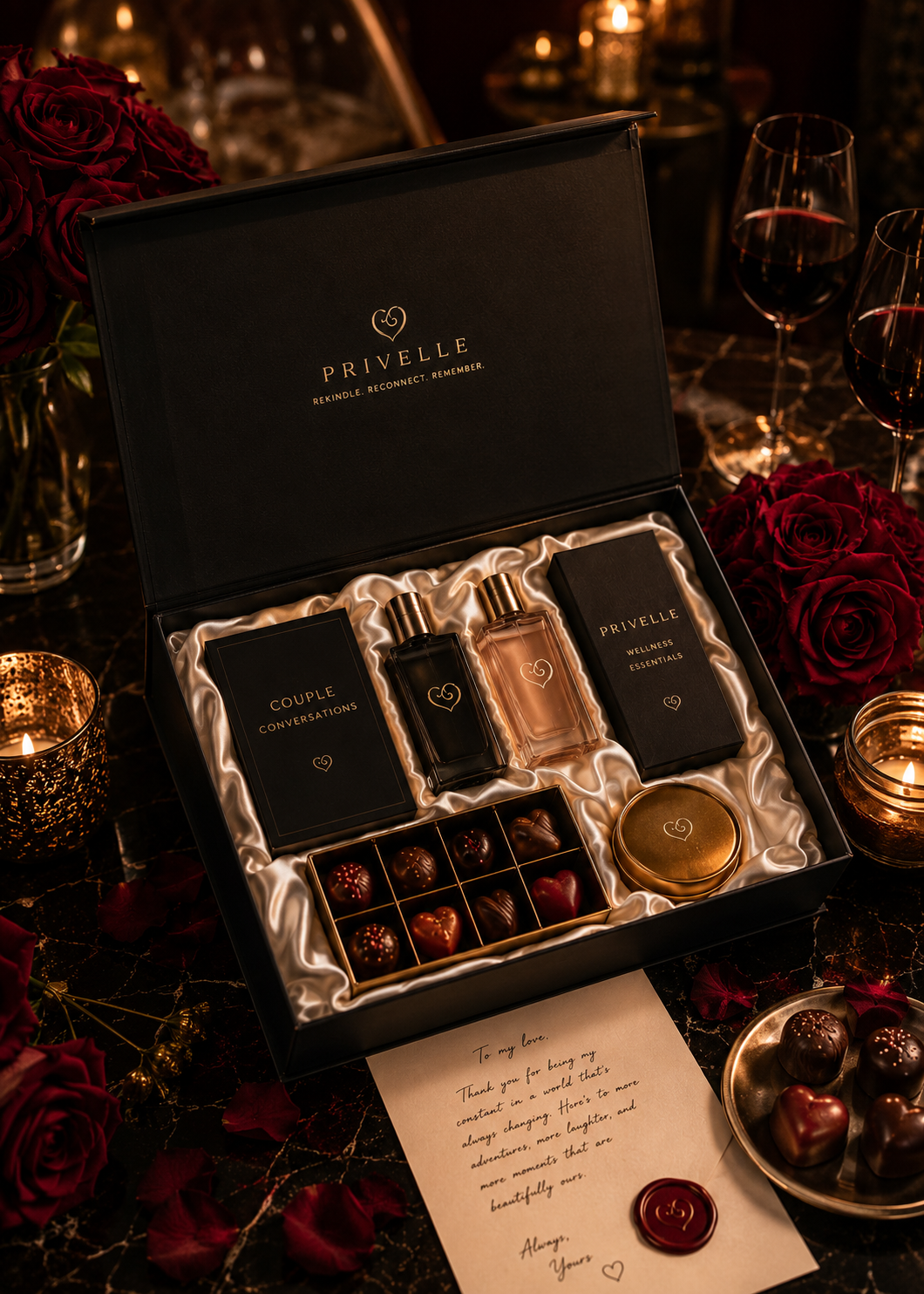 Luxury anniversary couple gifting box with burgundy roses, gold accents, chocolates, perfume samples, candles, romantic cards, and personalised love note