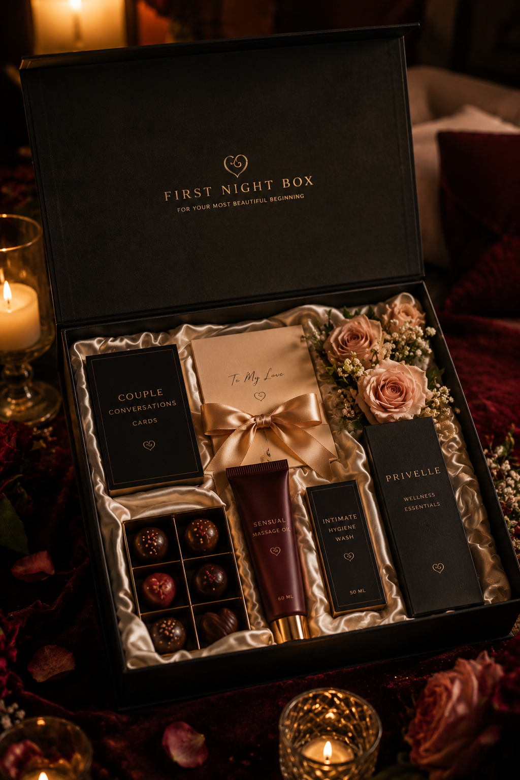 Elegant first night luxury gift box with ivory satin, champagne gold ribbon, candles, chocolates, couple cards, personalised note, and discreet wellness essentials